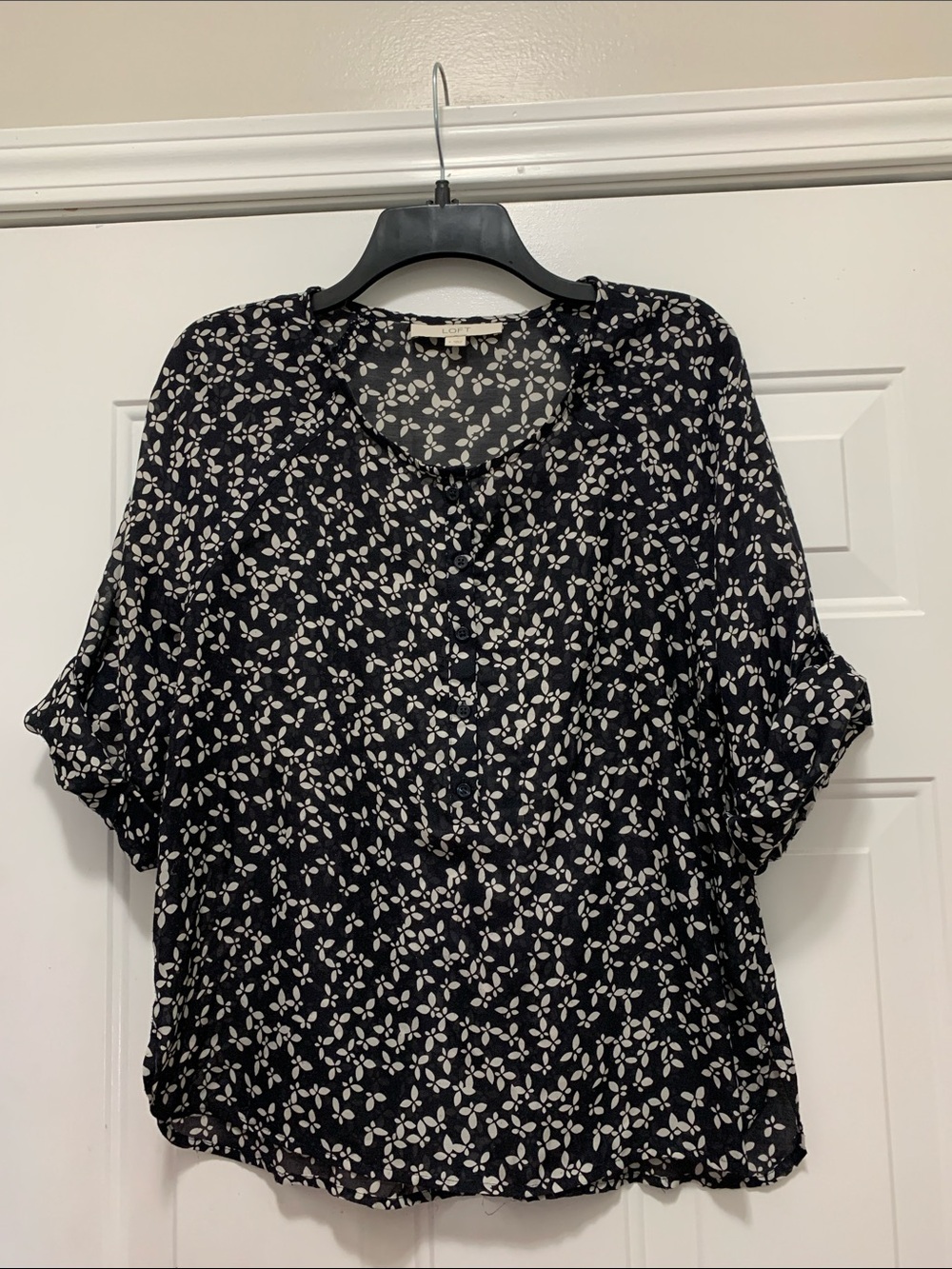 FREE LOFT Size Small Black Blouse with White Butterfly Print